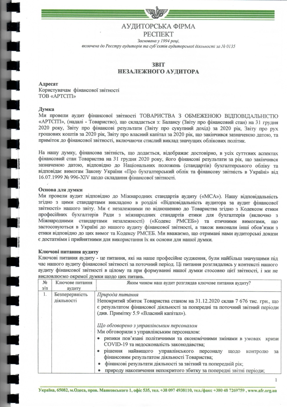 Аудиторський звіт 2020, сторінка 1